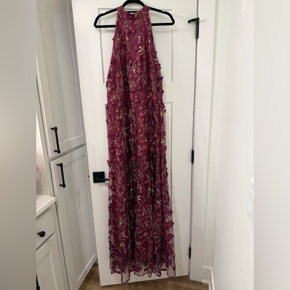 NWT ARULA Burgundy Dress with Gold Floral Details